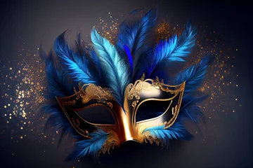 Deurstickers Realistic luxury carnival mask with blue feathers © rufous