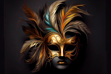 Naklejka premium Venetian carnival mask. Gold color, colored feathers. Happy carnival festival
