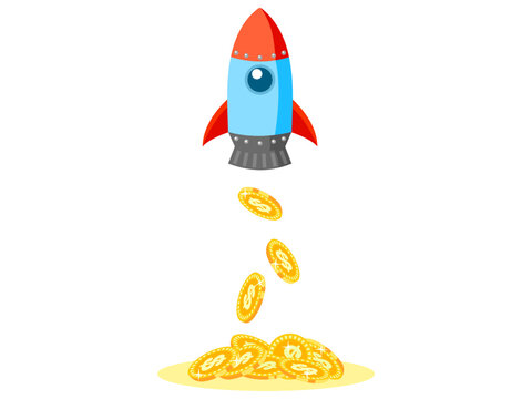 Spaceship with golden coins on white background, investment, payment, savings, financial, startup 