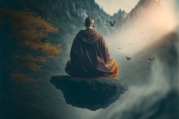 A monk levitating from the ground using magical powers gained through meditation - obrazy, fototapety, plakaty