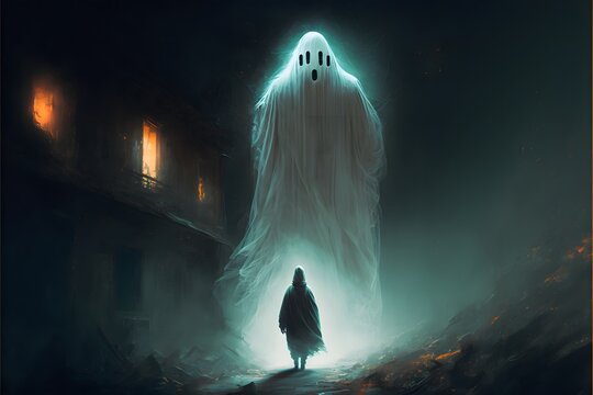 A person standing in front of a big ghost, facing his fears
