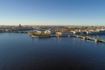 Spit of Vasilyevsky Island in a panoramic landscape on a sunny October morning (aerial view). Saint-Petersburg, Russia