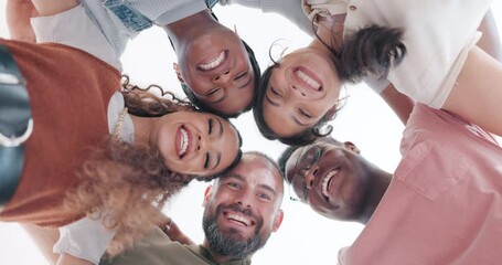 Diversity, teamwork and comic with business people from bottom for community, funny and support. Target, happy and solidarity with employee and funny face for collaboration, success and achievement