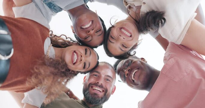 Diversity, teamwork and comic with business people from bottom for community, funny and support. Target, happy and solidarity with employee and funny face for collaboration, success and achievement