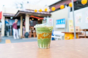 matcha green tea latte with caramel