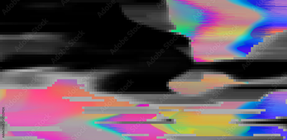Poster digital background of pixel noise with holographic rainbow streaks. lo-fi illustration of a broken t