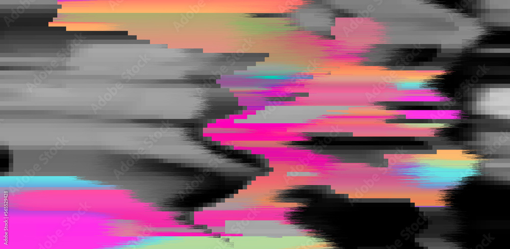 Poster digital background of pixel noise with holographic rainbow streaks. lo-fi illustration of a broken t