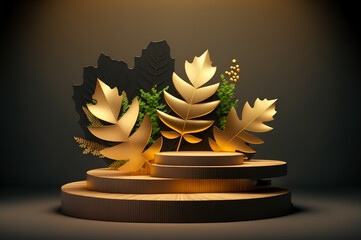 3d render of podium, pedestal or platform for product presentation with golden leaves on dark background. Generative AI