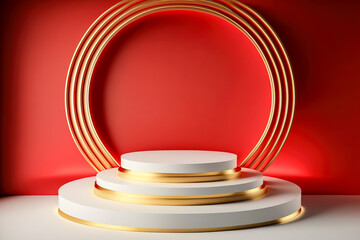 3d render of golden podium on red background. Luxury background. Generative AI