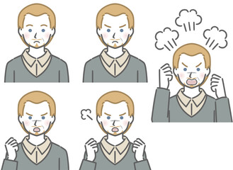 怒る表情の強弱　中年の白人男性