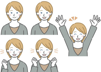 喜ぶ表情の強弱　中年の白人女性