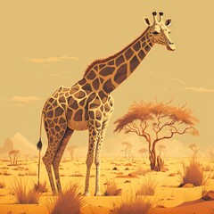 Giraffe in Savannah Cartoon Illustration (generative AI)
