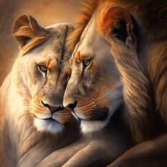 Animal Romance: A Valentine's Day Lion and Lioness Couple Cuddle in digital painting (Generative AI)