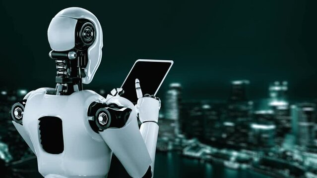 Futuristic robot artificial intelligence huminoid AI programming coding technology development and machine learning concept. Robotic bionic science research for future of human life. 3D rendering.