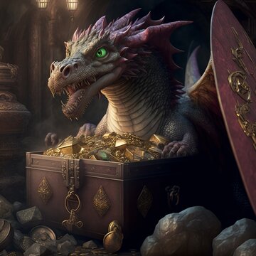 Beautiful Still Life Painting of Dragons Treasure Chest