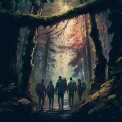 Friends Hiking in a Beautiful Forest (generative AI)