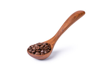 Roasted coffee beans in wooden spoon isolated on white background with clipping path. 