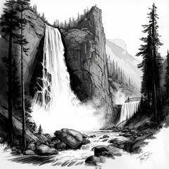 Mountain Waterfall Sketch (generative AI)