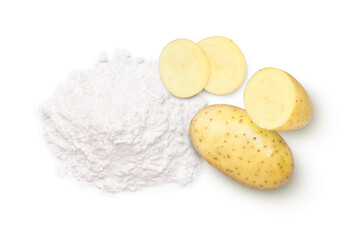 Potato starch (potato powder) and fresh potatoes with cut sliced isolated on white background. Top view. Flat lay.
