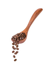 Obraz premium Roasted coffee beans falling from wooden spoon isolated on white background