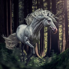 Naklejka na ściany i meble Unicorn in Enchanted Forest (generative AI)