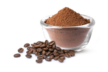 Roasted coffee beans with coffe powder (ground coffee) in glass bowl isolated on white background. 