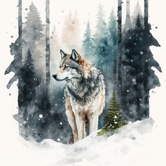 Watercolor Wolf in Snowy Forest (generative AI)