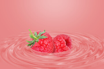 Raspberry juice splash with red swirl liquid background.
