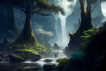 Digital painting of waterfall in the forest
