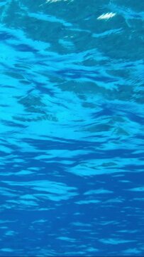 VERTICAL VIDEO, Underwater view on calm surface of blue water. Natural background with surface of blue water. Texture of blue water on surface. Slow Motion