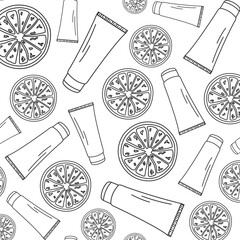 seamless doodle pattern with cream and citrus, black lines on a white background, advertising background with a tube and lemon, orange, grapefruit for salon, store