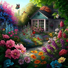 Colorful Garden with Butterflies (generative AI)