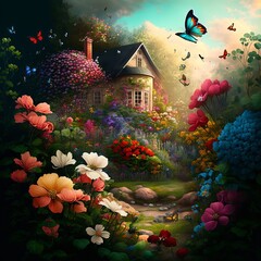 Obraz na płótnie Canvas Colorful Garden with Butterflies (generative AI)