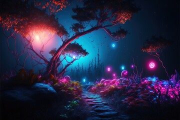 Obraz premium Glowing Forest Night scene with butterflies. Illuminated Light in the trees and flowers. Beautiful fantasy Night forest scene. —generative AI digital illustration.