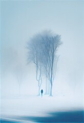 a painting of some trees and woman silhoutte in the snow and foggy Generative AI