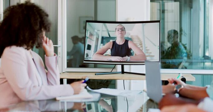 Virtual meeting, computer and business people talking in the office planning project together. Online video call, collaboration and corporate team in group discussion working on strategy in workplace