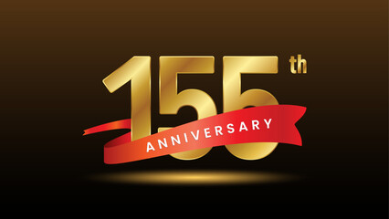 155th anniversary logo design with golden numbers and red ribbon. Logo Vector Template