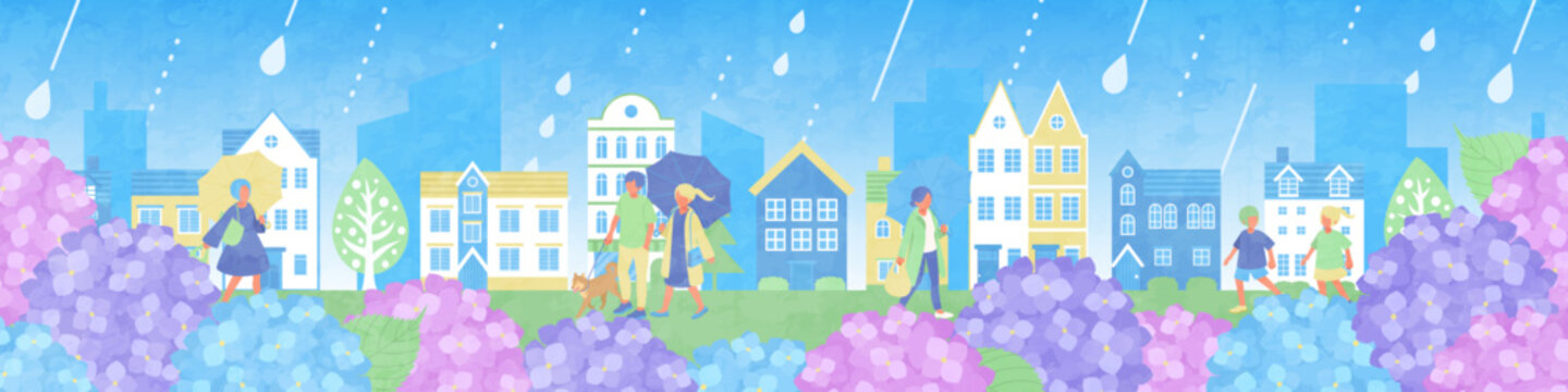 紫陽花と街並みと人々の梅雨のベクターイラスト背景