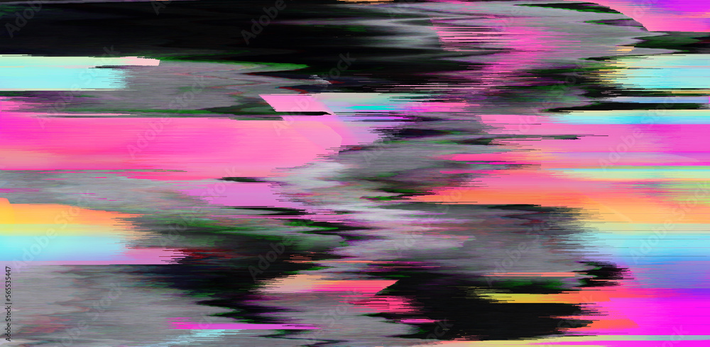 Poster digital background of pixel noise with holographic rainbow streaks. lo-fi illustration of a broken t