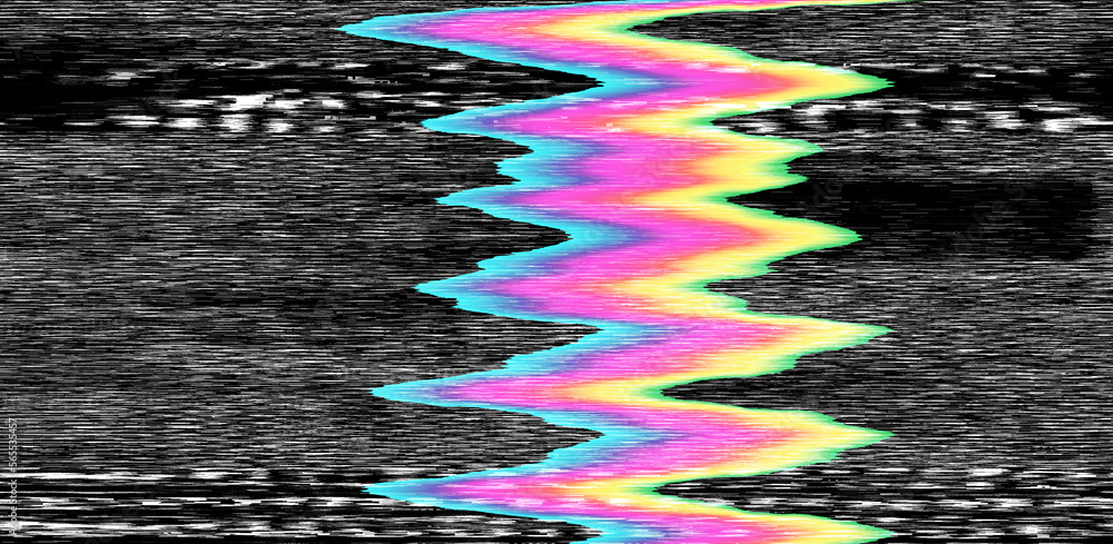 Poster digital background of pixel noise with holographic rainbow streaks. lo-fi illustration of a broken t