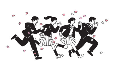 桜の花びらの中を走る学生服のこどもたちのイラスト
