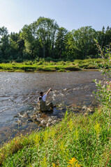 Mann geht seinem Hobby-Sport Fliegenfischen in idyllischer Landschaft an einem kleinen Fluss nach