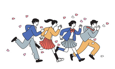 桜の花びらの中を走る学生服のこどもたちのイラスト
