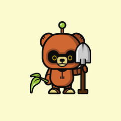 Bear robot holding a shovel and carrying a tree seed.