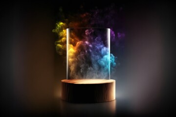 a wooden podium with glass colorful smoke behind