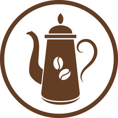 The logo is round. Coffee-colored coffee pot with coffee beans