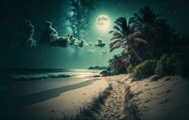 Beautiful landscape with tropical beach with the full moon 