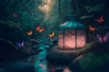 Fairytale spring garden with butterflies magical romantic scenery Generative AI