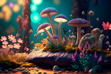 Fantastic wonderland forest landscape with mushrooms and flowers. - obrazy, fototapety, plakaty