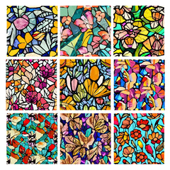 Fototapeta na wymiar Set of stained glass patterns with flowers and leaves. Colorful vector backgrounds.